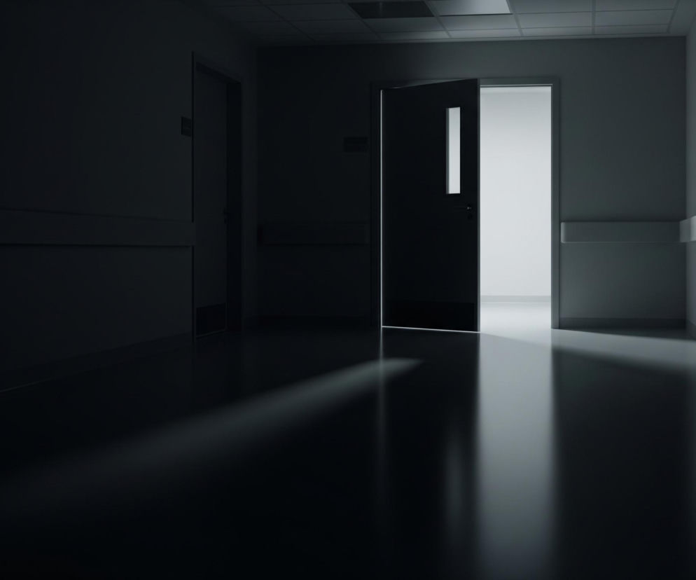 Ciemny, pusty korytarz szpitalny rozświetlony jest przez otwarte drzwi, za którymi widać jasne, białe światło. Drzwi, znajdujące się w prawej części kadru, są lekko uchylone, ukazując pionową, prostokątną szybę. Od jasnego wnętrza pomieszczenia za drzwiami rozciąga się smuga światła po ciemnej, błyszczącej podłodze korytarza. Po obu stronach korytarza widoczne są ciemne ściany z jaśniejszymi, poziomymi pasami na wysokości pasa.