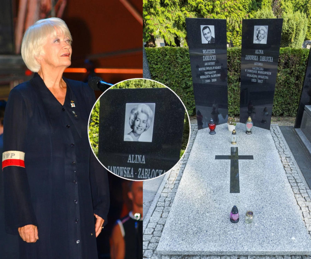 Aktorka Alina Janowska i jej grób na Powązkach. Na miniaturze zbliżenie na napis: łączniczka. Więcej na Eska2.