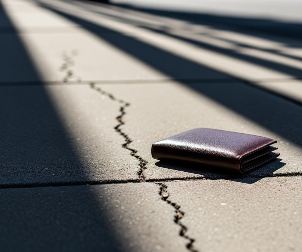 Na ziemi, wykonanej z szarych, betonowych płyt, leży brązowy, skórzany portfel. Portfel jest zamknięty, a jego powierzchnia ma drobną, ziarnistą teksturę, odbijającą światło. Płyty betonowe są poprzecinane zygzakowatą pęknięciem, biegnącym od lewej dolnej części obrazu w kierunku prawego górnego rogu. Duża część sceny jest zacieniona, z wyraźnymi, ukośnymi pasmami światła i cienia, które tworzą dynamiczny kontrast.