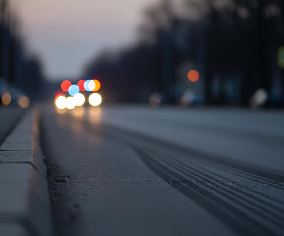 Na pierwszym planie widoczny jest szary asfaltowy krawężnik po lewej stronie, z widocznymi drobnymi kamyczkami i nierównościami, oraz równoległa do niego ciemnoszara nawierzchnia drogi z wyraźnymi, równoległymi śladami opon po prawej. Droga rozciąga się w głąb obrazu, gdzie na horyzoncie pojawiają się rozmyte światła pojazdów: białe i żółte z przodu, oraz czerwone i niebieskie powyżej, sugerujące obecność świateł awaryjnych lub uprzywilejowanych. Tło, stanowiące zamazane drzewa i budynki, jest utrzymane w ciemnych, rozmytych odcieniach, a niebo, widoczne między drzewami, prezentuje delikatne, pastelowe barwy zachodu słońca.