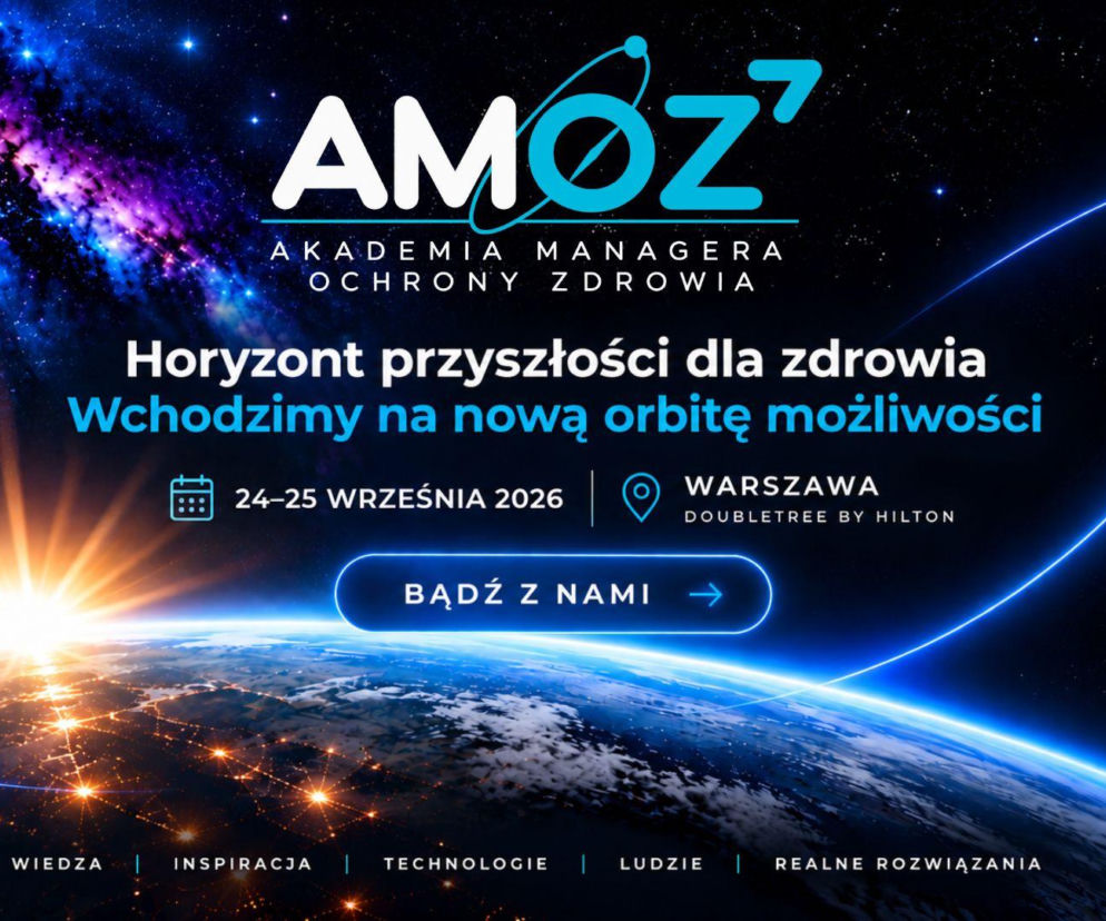 Plakat konferencji AMOZ w Warszawie na tle kosmosu. O przyszłości ochrony zdrowia przeczytasz na Poradnik Zdrowie.