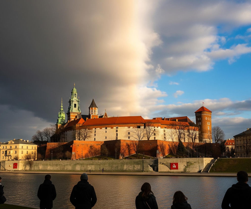 Dominującym elementem jest widok średniowiecznej budowli z ceglastymi dachami i jasnymi murami, której zielone kopuły i smukłe wieże wznoszą się ku niebu. Konstrukcja częściowo tonie w cieniu, a częściowo jest oświetlona ciepłym, złotym światłem, kontrastując z niebem podzielonym na ciemne, burzowe chmury po lewej stronie i błękitne niebo z białymi obłokami po prawej. U dołu kadru, nad ciemną wodą, widać sylwetki kilku osób stojących plecami do obserwatora, patrzących w kierunku budowli. W tle, po drugiej stronie rzeki, rozciągają się kamienice, niektóre skąpane w słońcu.