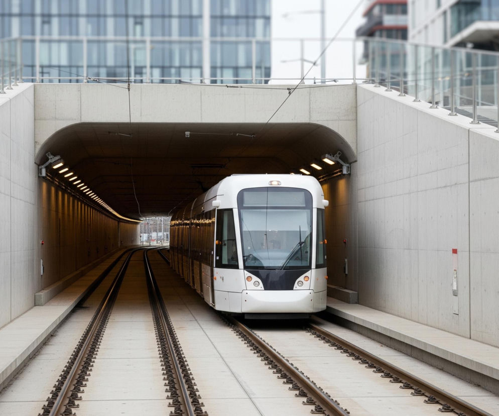 Biały tramwaj z czarnymi i szarymi elementami na przodzie wyjeżdża z ciemnego tunelu, w którym widoczne są pomarańczowe światła. Tramwaj porusza się po torach, które biegną przez całą długość tunelu i dalej na zewnątrz. Obie strony tunelu są otoczone betonowymi ścianami, które stopniowo unoszą się, tworząc nasypy, na których po prawej stronie widać szklaną barierkę z metalowymi słupkami. W tle, poza tunelem i betonowymi konstrukcjami, znajdują się nowoczesne, przeszklone budynki.