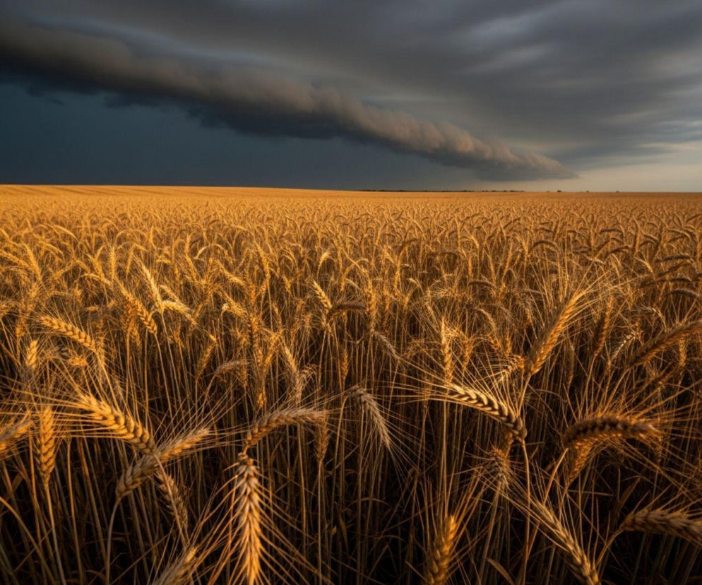 Złote pole dojrzałych zbóż przed nadciągającą burzą. Ciemne, kłębiaste chmury zwiastują zbliżające się załamanie pogody, symbolizując niepewność rolników. O ubezpieczeniach upraw i ryzyku pogodowym można przeczytać na Super Biznes.