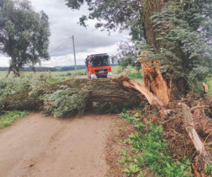 Drzewa na drogach i budynkach. Zniszczone namioty harcerzy. Walka z żywiołem  na Warmii i Mazurach