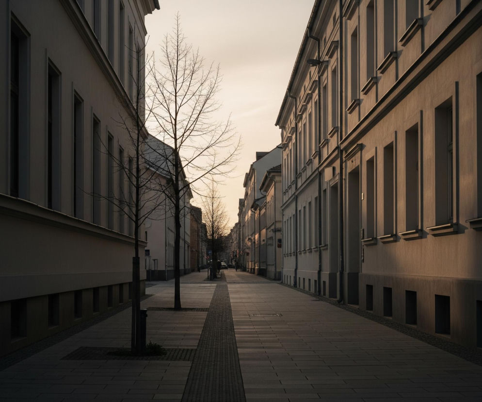 Ulica miejska rozciąga się w głąb obrazu, otoczona po obu stronach wysokimi, kilkupiętrowymi budynkami o jasnych fasadach. Po lewej stronie budynki są zacienione, z ciemnymi oknami i widocznymi rynnami, podczas gdy po prawej stronie słońce, prawdopodobnie zachodzące lub wschodzące, oświetla fasady ciepłym, złocistym światłem. Pośrodku ulicy, na brukowanym chodniku, rosną nagie drzewa, tworząc aleję prowadzącą w perspektywie, a ich rozgałęzione korony rysują się na tle jasnego nieba.
