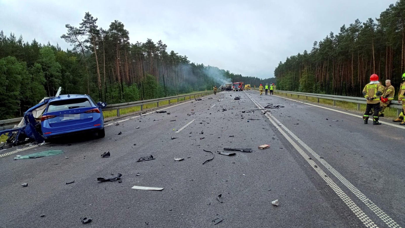 Śmiertelny wypadek pod Bełchatowem. Kierowca osobówki nie żyje, ciężarówka spłonęła [ZDJĘCIA].