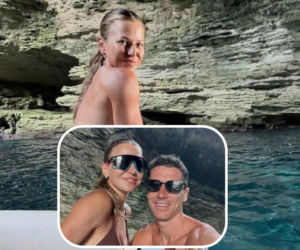 Anna Lewandowska w maciupeńkim bikini pręży się na łódce. W tle Robert z sześciopakiem