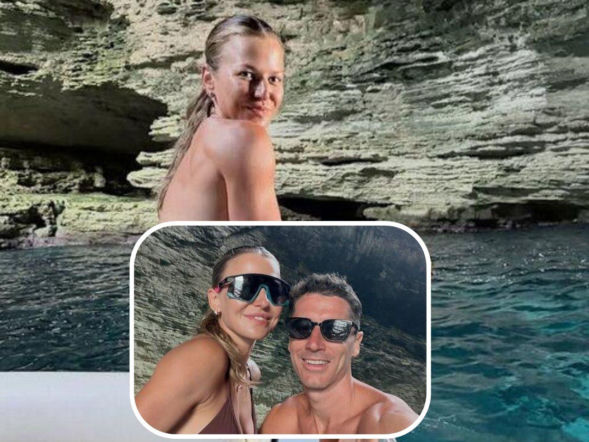 Anna Lewandowska w maciupeńkim bikini pręży się na łódce. W tle Robert z sześciopakiem