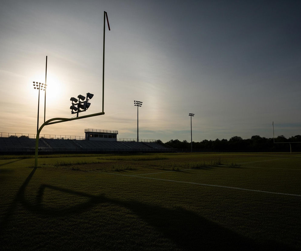 Na pierwszym planie widoczne jest trawiaste boisko z białymi liniami, częściowo pogrążone w cieniu. Centralnie umieszczona bramka do futbolu amerykańskiego, o żółto-zielonym odcieniu, rzuca długi, zniekształcony cień na murawę. W oddali po lewej stronie znajduje się rząd pustych trybun z białymi ławkami, a za nimi budynek sędziowski z otwartym dachem. Horyzont dominuje rozległe, zachmurzone niebo, od jasnego, prawie białego po lewej stronie, gdzie widać słońce, do ciemnego, szaroniebieskiego po prawej, z sylwetkami drzew w tle. Rozświetlone reflektory stadionu są wyraźnie widoczne, częściowo zakryte przez bramkę, a inne maszty oświetleniowe i druga bramka są widoczne w oddali po prawej.