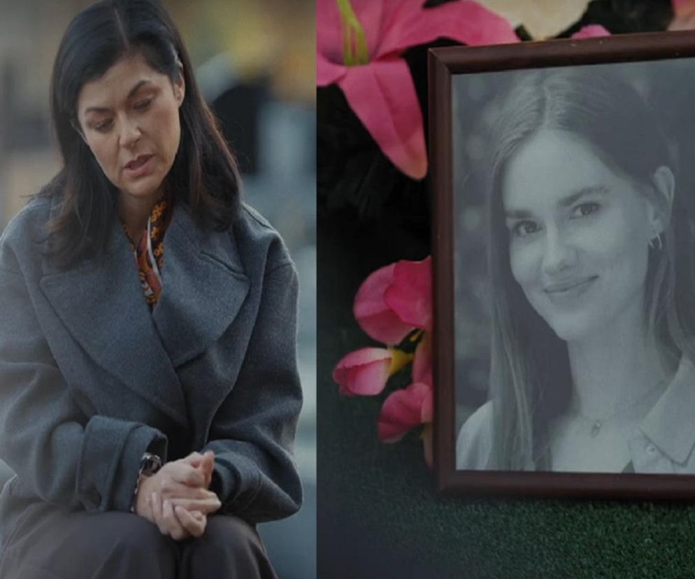 Kinga (Katarzyna Cichopek) siedzi na cmentarzu, obok niej ramka ze zdjęciem uśmiechniętej Franki (Dominika Kachlik) i różowe kwiaty, ukazując ból po stracie w M jak miłość. Więcej o losach bohaterów na Super Seriale.