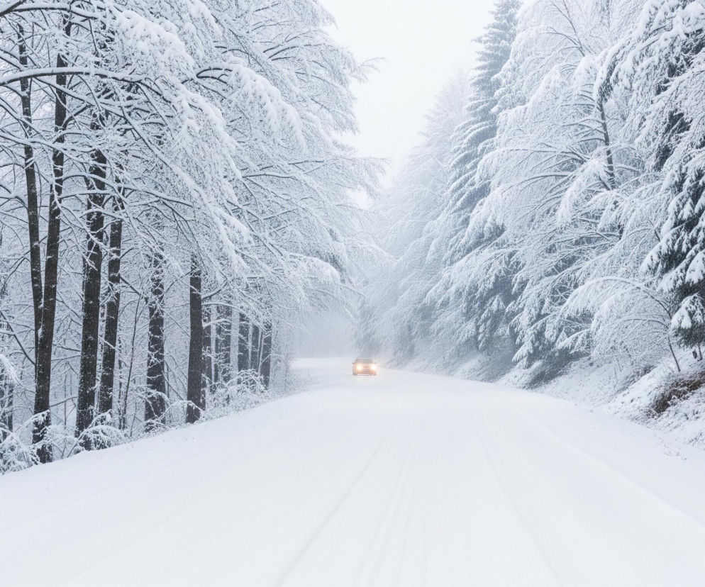 Zasypana śniegiem droga biegnie prosto przez zaśnieżony las, rozciągając się w kierunku centrum kadru i niknąc w oddali. Po obu stronach drogi rosną drzewa pokryte grubą warstwą białego śniegu, tworząc naturalny tunel. W tle, na końcu drogi, widoczny jest samochód o pomarańczowych światłach, zbliżający się w stronę obserwatora. Cała scena utrzymana jest w bieli i odcieniach szarości, sugerując zimową aurę i gęste opady śniegu.