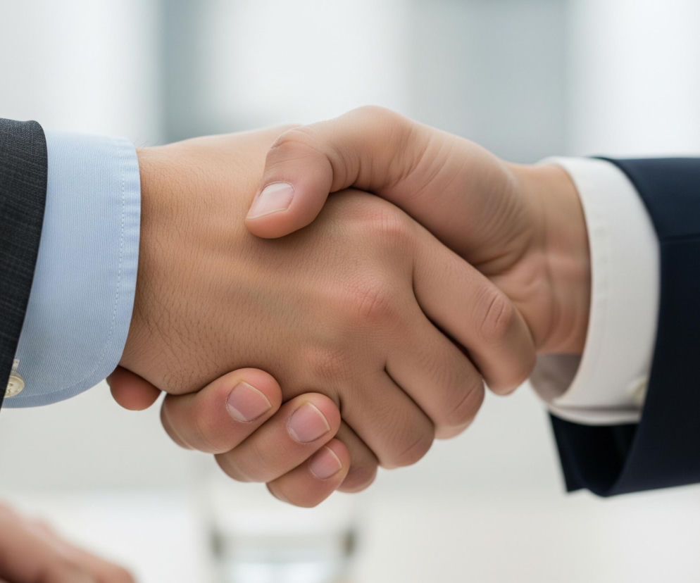 Dwie dłonie, z których jedna należy do mężczyzny w ciemnoszarym garniturze i jasnoniebieskiej koszuli, a druga do mężczyzny w granatowym garniturze i białej koszuli, ściskają się nawzajem, tworząc gest uścisku dłoni. Skóra dłoni ma naturalny, jasny odcień. Na pierwszym planie, w dolnej części obrazu, widoczny jest niewyraźny fragment kolejnej dłoni oraz przeźroczysta szklanka, a tło jest jasne i rozmyte.