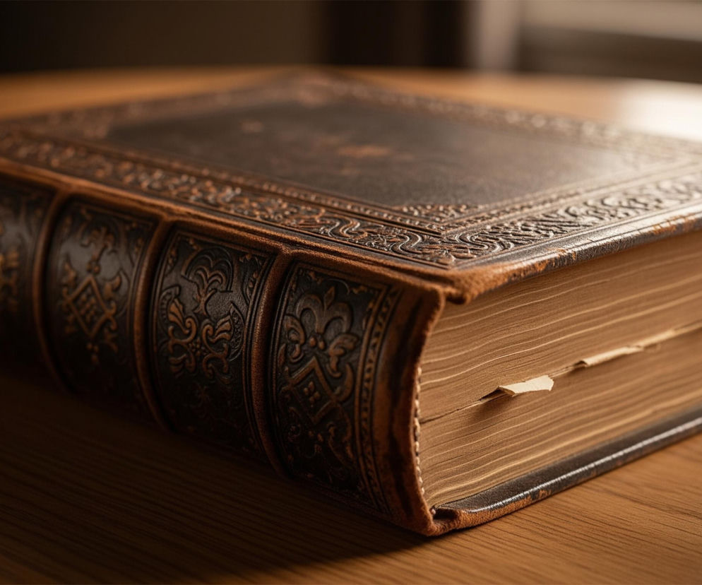 Na pierwszym planie leży stara, gruba księga w twardej oprawie, skierowana grzbietem w lewo. Okładka jest ciemnobrązowa z wytłoczonymi, ozdobnymi wzorami wzdłuż krawędzi oraz na grzbiecie, który podzielony jest na segmenty. Brzegi kartek, widoczne po prawej stronie księgi, mają postarzoną, kremowo-brązową barwę, a między nimi widoczne są dwie pomarszczone zakładki. Księga spoczywa na drewnianym blacie o widocznym usłojeniu, oświetlonym z prawej strony, co tworzy wyraźne cienie.