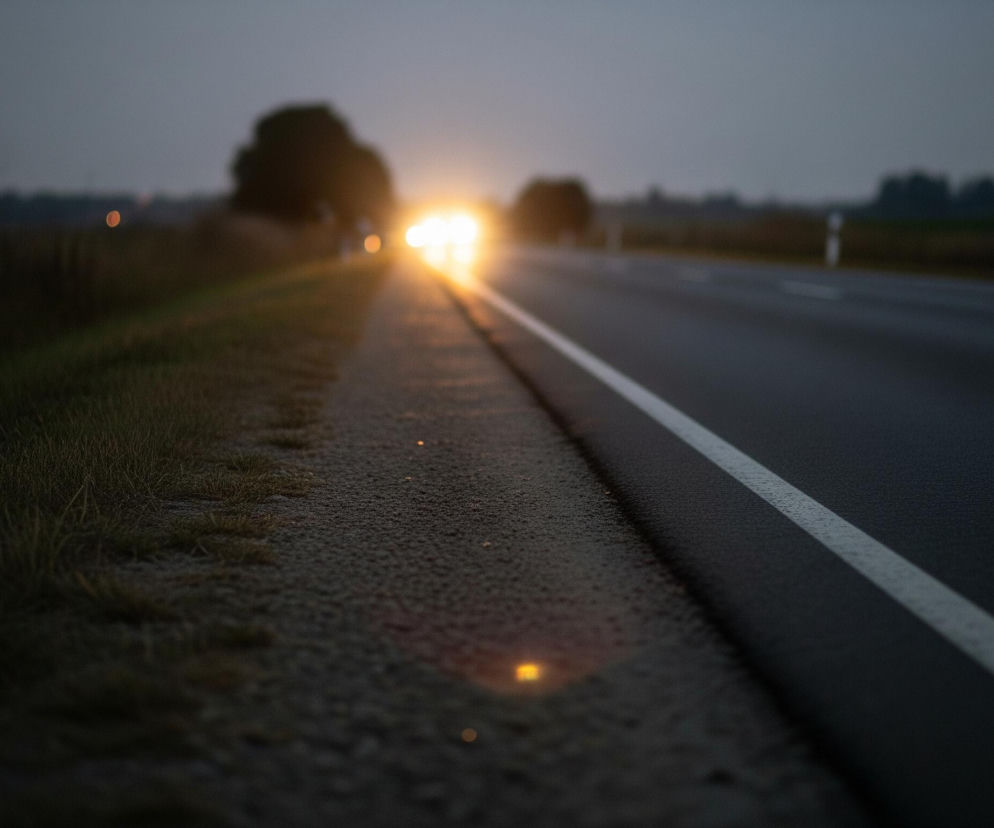 Droga asfaltowa z wyraźną białą linią ciągłą rozciąga się w prawo od środka kadru, prowadząc w głąb obrazu. Po lewej stronie drogi znajduje się pobocze pokryte suchą trawą i mniejszymi kamieniami, a za nim rozmyte drzewa i krzewy. W oddali, na końcu drogi, widoczne są intensywne, żółto-pomarańczowe światła reflektorów zbliżającego się pojazdu. Cała scena jest pogrążona w zmierzchu lub wczesnym świcie, z niebem o szarogranatowym odcieniu.