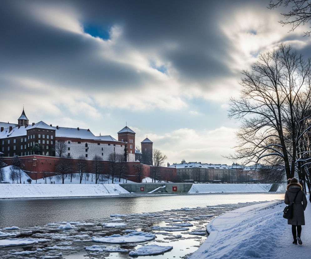 Trzy osoby ubrane w zimowe płaszcze idą zaśnieżoną ścieżką wzdłuż rzeki, po której dryfują bryły lodu. Po lewej stronie rzeki wznosi się duży ceglany budynek z wysokimi wieżami i spadzistymi dachami, pokrytymi śniegiem, otoczony zaśnieżonym zboczem i nagimi drzewami. Pochmurne niebo z prześwitującym błękitem i jasnym światłem w oddali tworzy tło dla zimowego krajobrazu.
