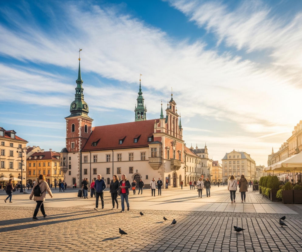 Na pierwszym planie, pośrodku brukowanego placu, widać kilka ciemnych gołębi. W tle dominuje jasnobrązowy budynek z czerwonym dachem, dwoma zielonymi, strzelistymi wieżami, z których lewa jest wyższa i ma tarczę zegarową. Dookoła placu stoją kolorowe kamienice w odcieniach żółci, pomarańczu i czerwieni, niektóre z nich posiadają zewnętrzne parasole i ogródki restauracyjne. Na placu i chodnikach spacerują liczne osoby w casualowych ubraniach, a horyzont rozświetla jasne, ciepłe słońce, rzucając długie cienie na bruk. Niebo jest błękitne z rozciągniętymi, białymi chmurami.