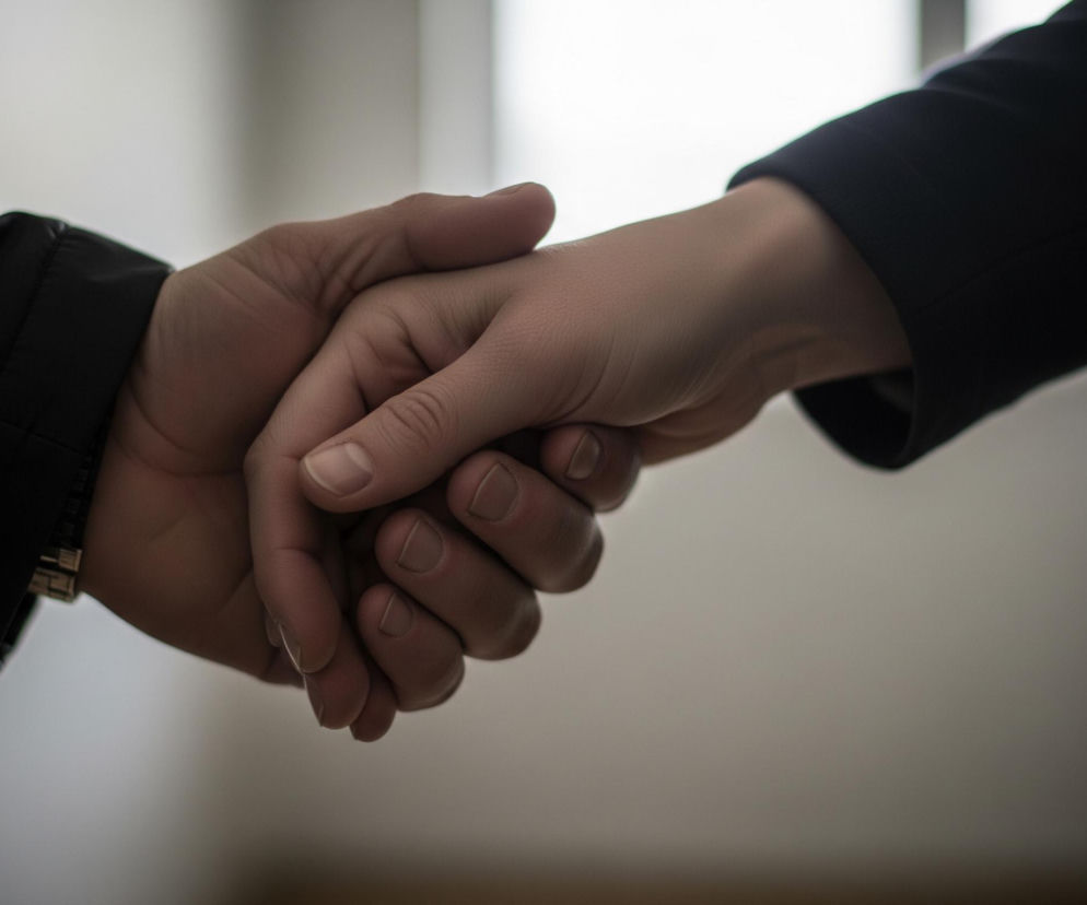 Prawie całe zdjęcie wypełnia uścisk dłoni dwóch osób. Po lewej stronie widać dłoń odzianą w czarny rękaw kurtki lub płaszcza, z częściowo widocznym złotym zegarkiem na nadgarstku. Po prawej stronie widać dłoń z rękawem w kolorze ciemnogranatowym lub czarnym, z jaśniejszym odcieniem skóry. Dłonie są splecione w centralnej części kadru, z palcami jednej dłoni opartymi o wierzch drugiej. Tło jest rozmyte, w odcieniach szarości i bieli, sugerując pomieszczenie o słabym oświetleniu.