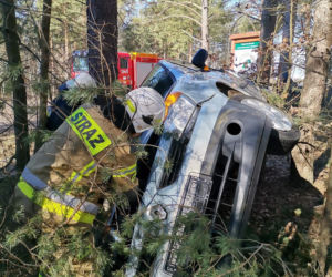 Wypadek na DW 686. Kierowca renault zaparkował między drzewami [ZDJĘCIA]