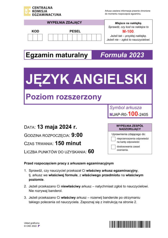 Matura 2024: angielski. Arkusze CKE i odpowiedzi. Poziom rozszerzony [Formuła 2023]