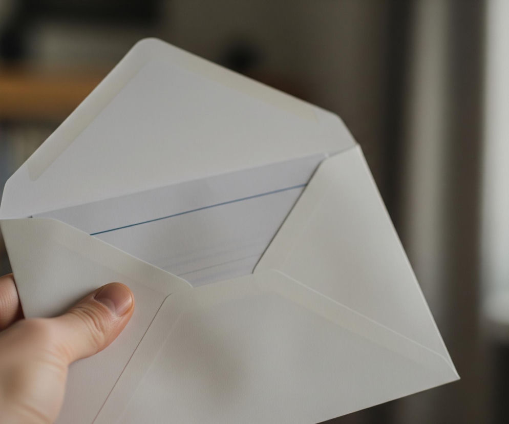 Lewa dłoń trzyma otwartą, białą kopertę, z której wystają białe kartki. Paznokieć kciuka jest widoczny, a rękaw ciemnego ubrania lekko wystaje na dole. Tło jest rozmyte, ukazując częściowo jasne okno po prawej stronie i ciemne zasłony lub ścianę po lewej. Widoczny jest też fragment drewnianego mebla i doniczki.
