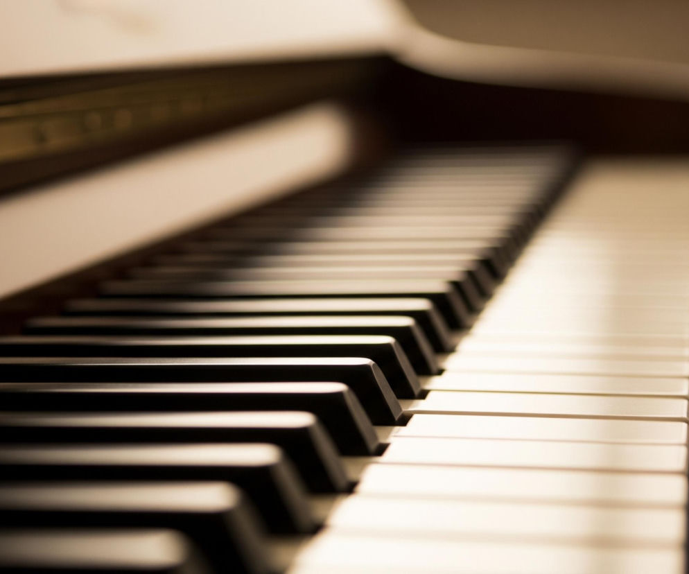 Klawiatura fortepianu lub pianina, składająca się z naprzemiennych czarnych i białych klawiszy, rozciąga się od lewej dolnej części obrazu do prawej górnej, biegnąc w głąb. Większość czarnych klawiszy jest w ostrym tle i wydają się być w cieniu, natomiast białe klawisze w prawym dolnym rogu są jaśniejsze i bardziej ostre. Kolory dominują ciepłe, brązowe i kremowe odcienie. W tle, powyżej klawiatury, widać brązowy, drewniany element fortepianu z metalowym, złotawym zawiasem przymocowanym śrubami, który również jest częściowo rozmazany.