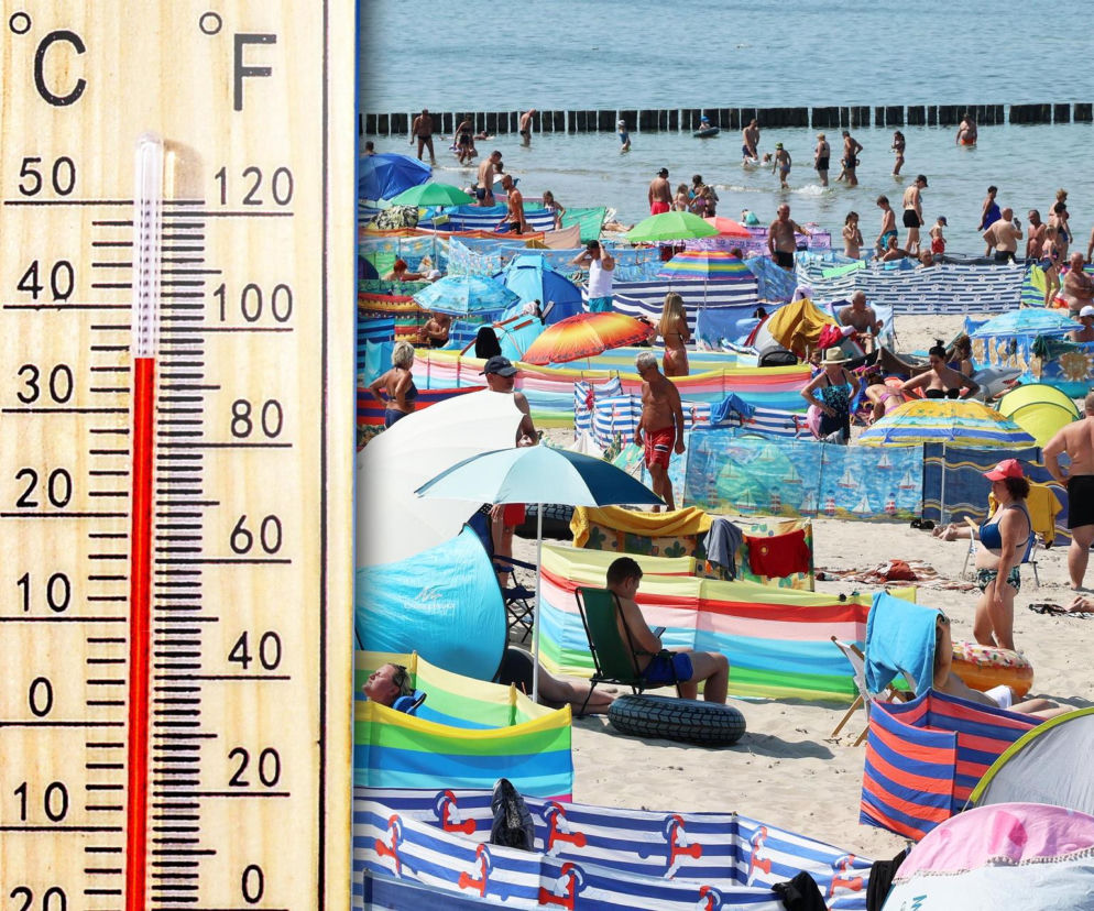 Termometr obok zatłoczonej plaży z parawanami. O powrocie turystów nad Bałtyk i upałach przeczytasz na SE.