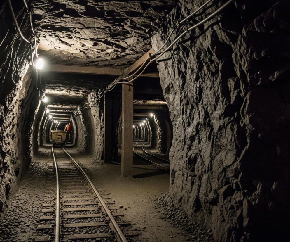 Wnętrze ciemnego, skalnego tunelu, oświetlonego szeregiem żarówek umieszczonych na suficie i ścianach. Tunel jest wyłożony szarym, chropowatym kamieniem, a jego spód pokrywa warstwa drobnych kamieni i pyłu, przez którą przebiegają tory kolejowe z drewnianymi podkładami. W oddali, w lewej części tunelu, widoczny jest metalowy wózek na szynach, za którym majaczy postać w pomarańczowym ubraniu. Po prawej stronie, obok głównego toru, znajduje się drugie, zakręcające w prawo odgałęzienie torów.