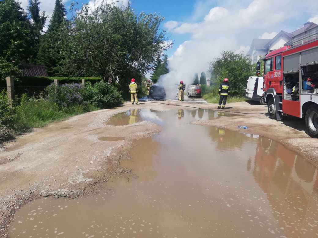 Pożar samochodu przy ul. Działkowej w Nowodworcach