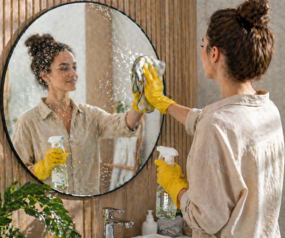 Wystarczy kilka kropel do wody i lustra będą lśnić bez smug przez wiele dni. Prosty patent na sprzątanie 