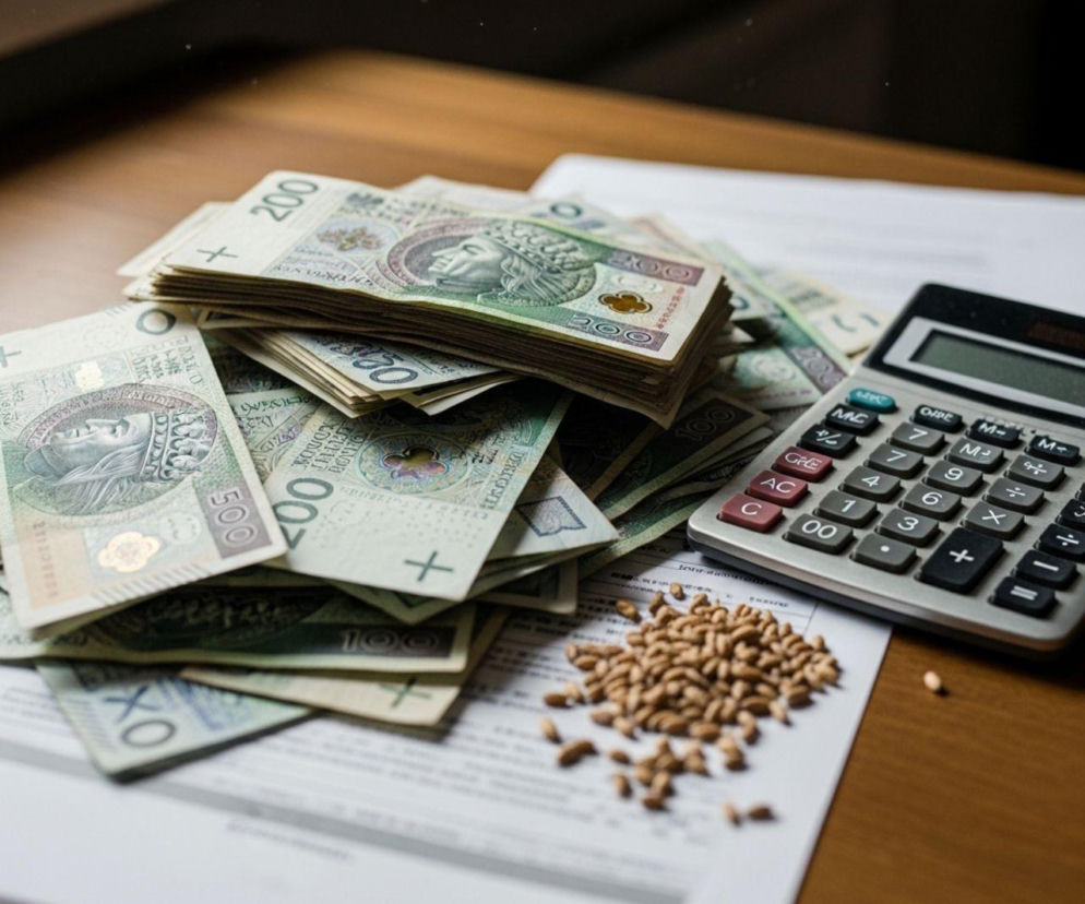 Stos polskiego pieniądza (banknoty 200 zł, 100 zł i 50 zł) leży na dokumencie obok kalkulatora i rozsypanych ziaren zboża. Obraz symbolizuje wyliczenia i zmiany w dopłatach rolniczych do integrowanej produkcji, o czym można przeczytać na Super Biznes.