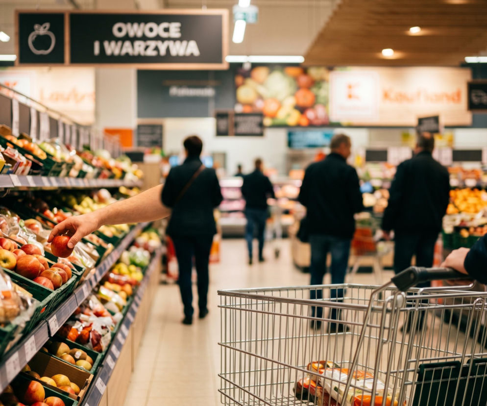 Ręka klienta wybierająca jabłko z półki w supermarkecie Kaufland, z niewyraźnymi postaciami w tle i wózkiem sklepowym. Ilustruje możliwości robienia zakupów w piątek po Bożym Ciele, o czym przeczytasz więcej na Super Biznes.