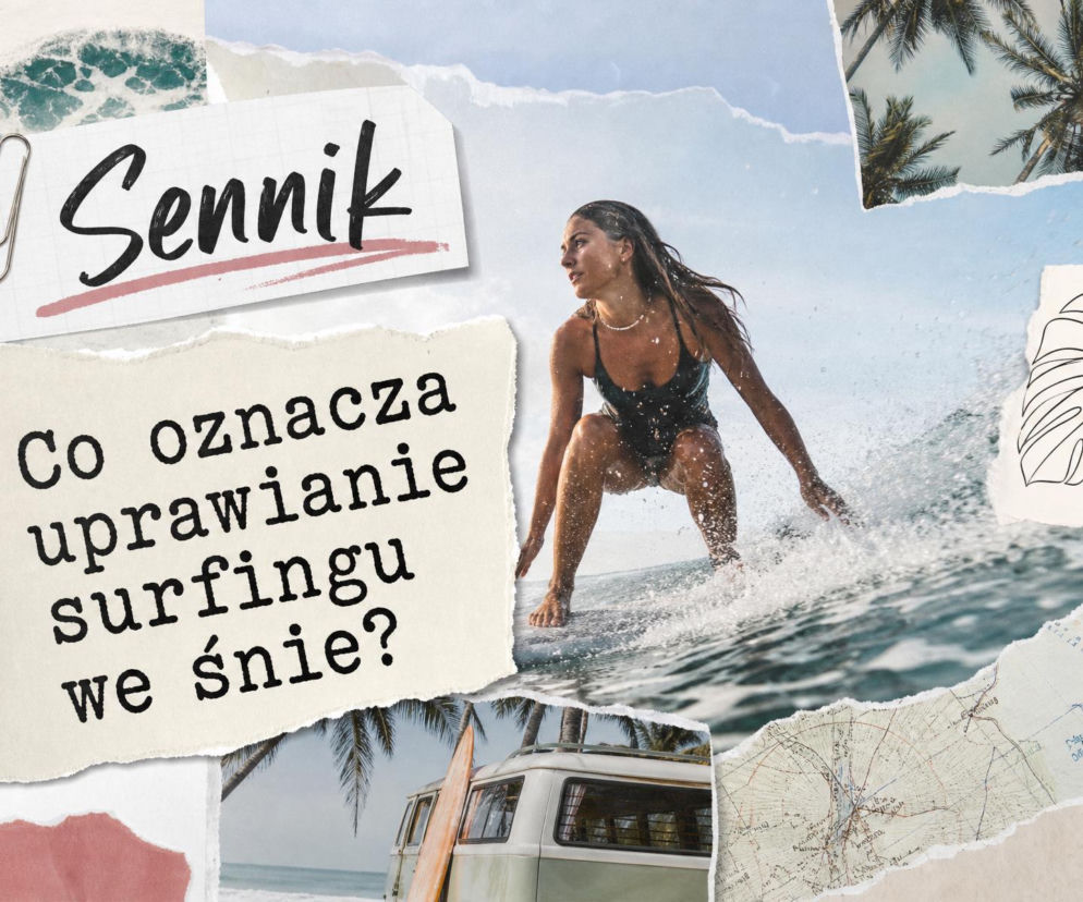 Kobieta surfująca na fali. Obok napis o znaczeniu snu o surfingu. O symbolice wody i fal przeczytasz na SE.
