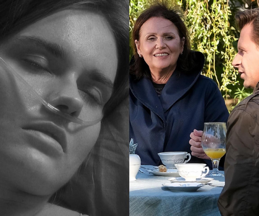 kolaż zdjęć przedstawiający Frankę podłączoną do aparatury medycznej w czarno-białym kadrze oraz Marysię i Pawła siedzących w ogrodzie. Marysia uśmiecha się, trzymając filiżankę, a obok niej stoi kieliszek z sokiem. Więcej o ich losach na stronie Super Seriale.