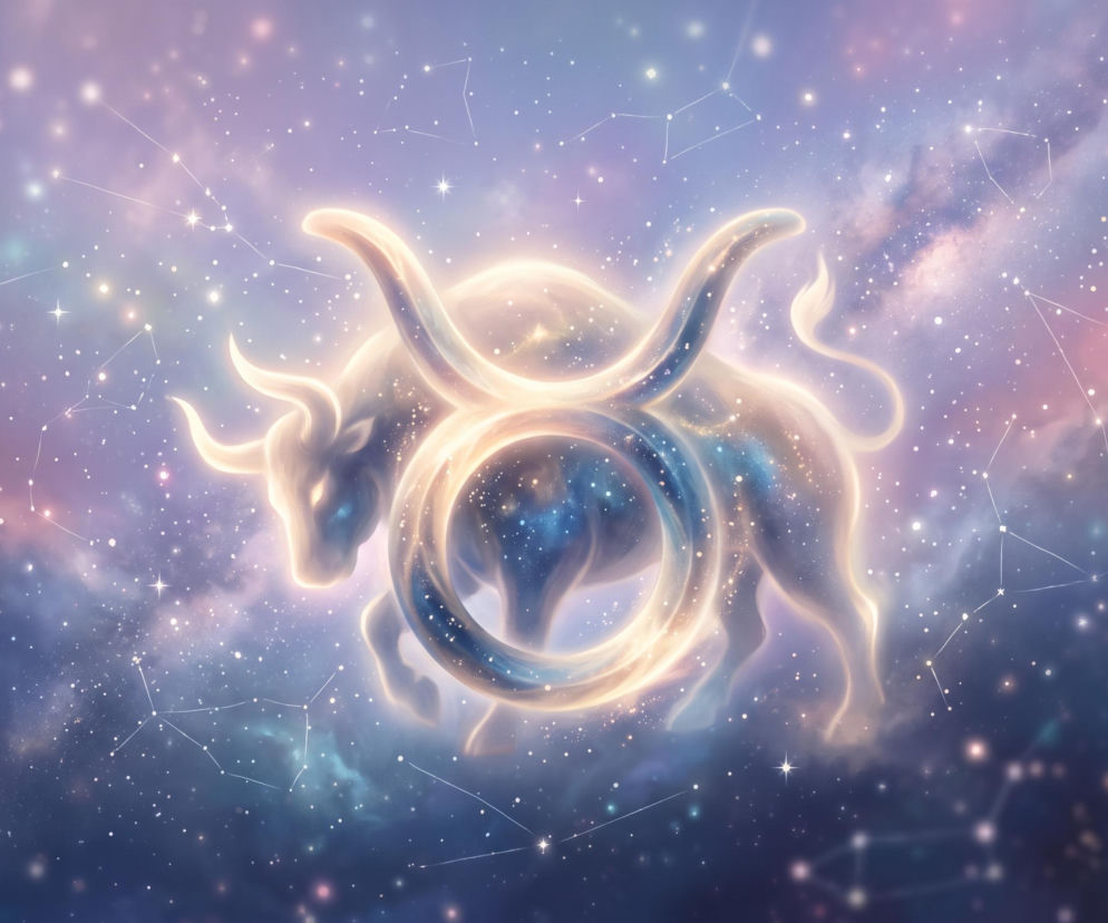 Świecący znak zodiaku Byka na tle gwieździstego kosmosu. O horoskopie dla Byka przeczytasz na Eska.