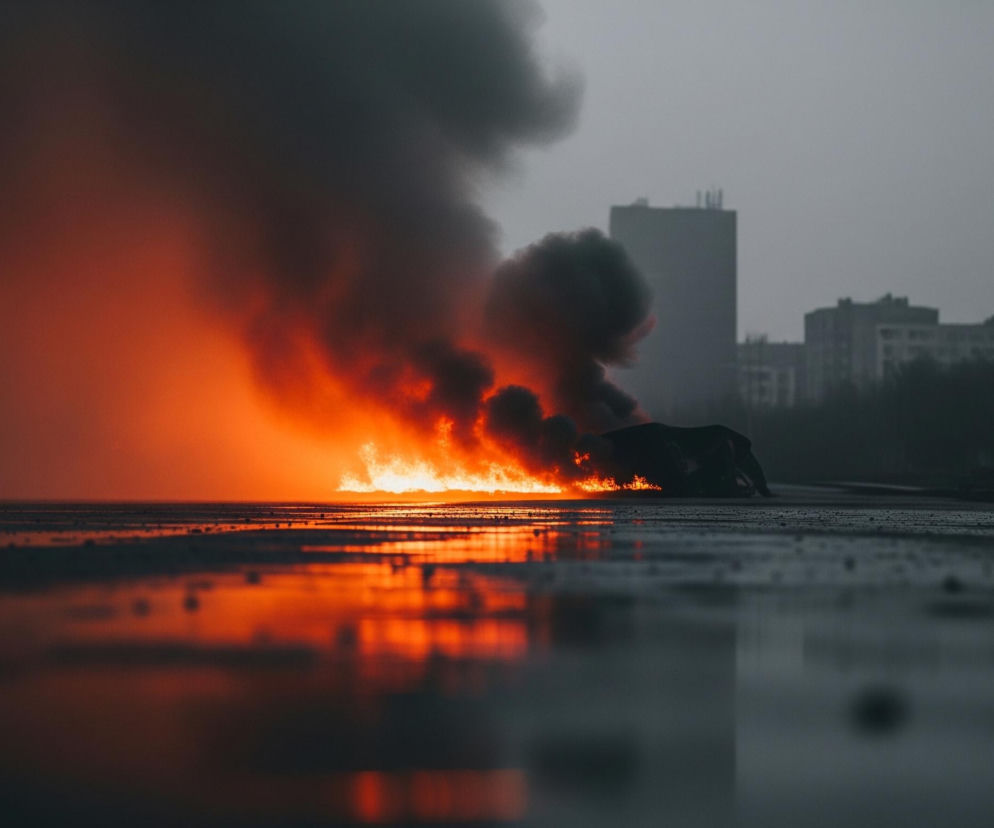 Głównym elementem jest płonący obiekt pośrodku obrazu, z którego unoszą się intensywnie pomarańczowe i czerwone płomienie oraz gęsty, ciemny dym. Ogień i dym tworzą silny kontrast z szarym, zamglonym tłem, na którym widać niewyraźne sylwetki budynków i drzew. Powierzchnia gruntu, prawdopodobnie asfalt, jest mokra i odbija światło płomieni, tworząc jaskrawoczerwone refleksy. Scena jest utrzymana w ciemnych, ponurych barwach z dominacją pomarańczy, czerwieni, szarości i czerni.