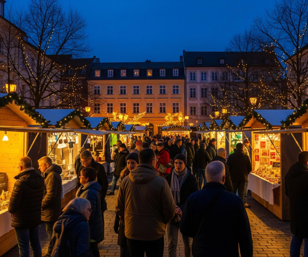 Zimowa scena przedstawia plac wypełniony rzędami oświetlonych kramów świątecznych, rozciągających się w głąb kadru po obu stronach. Dachy kramów są pokryte dekoracyjnymi girlandami z igliwia i małymi, żółtymi lampkami, a pod nimi widoczne są towary wystawione na stołach. Plac jest wypełniony ludźmi ubranymi w zimowe kurtki i czapki, którzy spacerują między straganami, niektórzy zatrzymują się, aby oglądać oferowane produkty. W tle, za kramami, wznoszą się klasyczne, wielopiętrowe budynki z oknami, niektóre oświetlone od wewnątrz, natomiast niebo ma ciemny, granatowy odcień wieczoru. Bezlistne drzewa, również udekorowane drobnymi, żółtymi lampkami, dodają scenie świątecznego blasku.