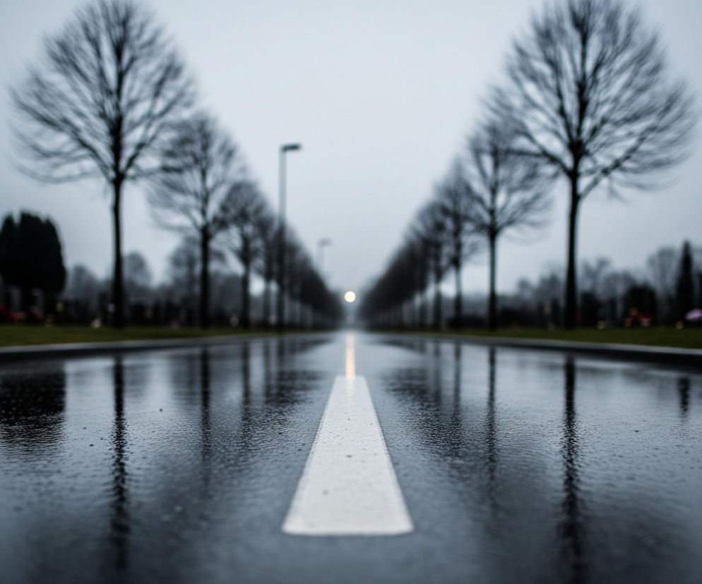 Mokrą asfaltową drogę biegnącą w perspektywie, z białą linią ciągłą na środku, odbijającą światło. Po obu stronach drogi rosną rzędy nagich drzew, tworząc aleję, a za nimi widoczne są zarysy nagrobków i innych drzew, sugerując cmentarz. Scena jest utrzymana w szaro-niebieskich odcieniach, z dominującym pochmurnym niebem, a widoczne na powierzchni drogi kropelki wody świadczą o deszczu lub wilgoci. W oddali widać niewyraźne, jasne światło, prawdopodobnie latarni ulicznej, które jest jedynym punktem jasnym w ponurej kompozycji.