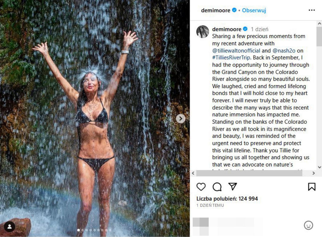 Demi Moore prawie nago pod wodospadem! 61-latka hartuje się na zimę