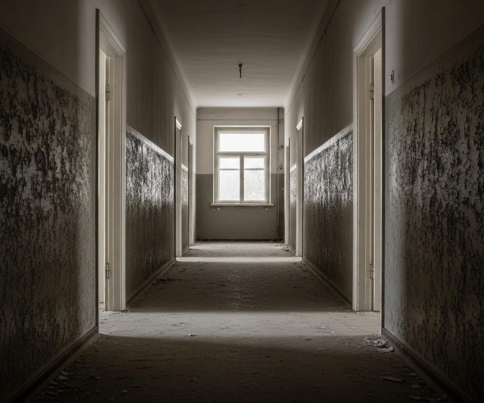 Długi, wąski korytarz rozciąga się w głąb obrazu, prowadząc do okna na jego końcu, z którego wpada jasne światło. Ściany są pokryte łuszczącą się farbą lub tynkiem, tworząc nierówną, ciemną teksturę na dolnych partiach, podczas gdy górne części są jaśniejsze, ale również widać na nich ślady zniszczenia. Po obu stronach korytarza widoczne są otwarte, puste ościeżnice drzwi, rozstawione w regularnych odstępach, a na suficie znajdują się pojedyncze, wystające elementy, być może resztki instalacji oświetleniowej. Podłoga jest pokryta kurzem i gruzem, z wyraźnymi pasmami światła i cienia, które podkreślają perspektywę i prowadzą wzrok ku oddalonemu oknu.