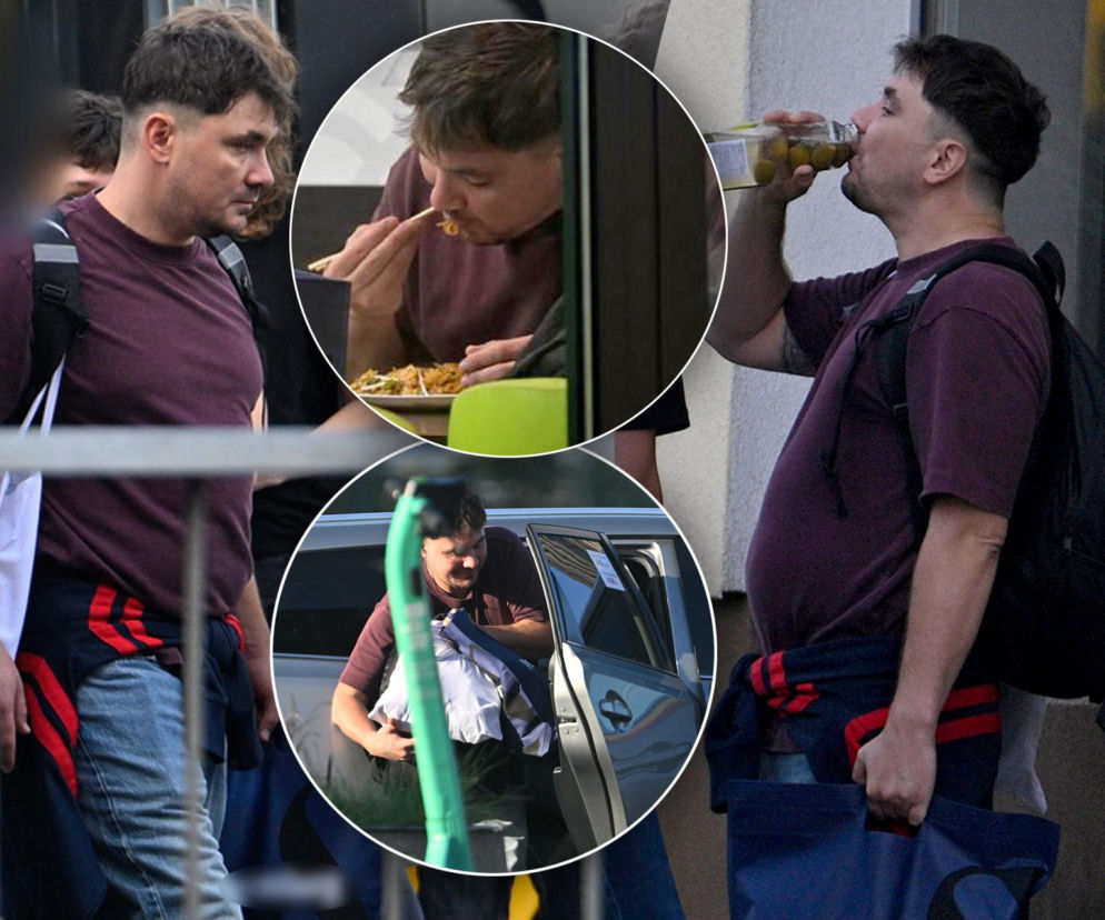 Daniel Martyniuk pije z butelki i je posiłek. Na miniaturach obok wsiada do auta. O jego pobycie w Warszawie czytaj w SE.