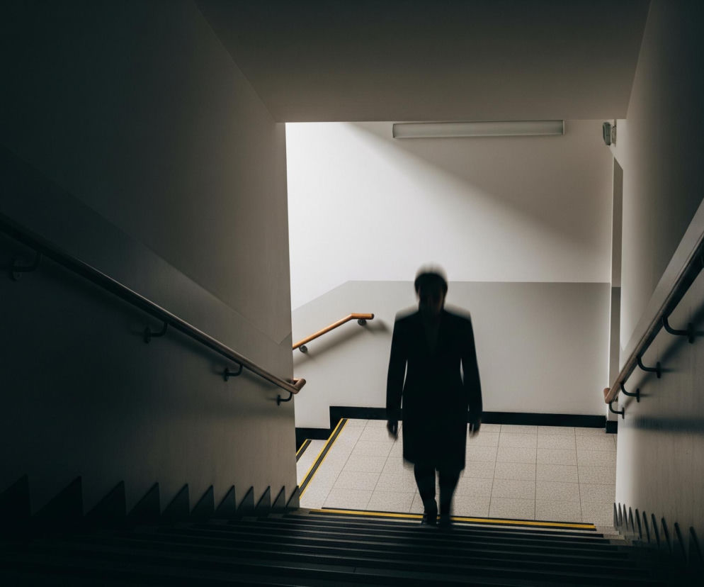 Rozmyta sylwetka osoby w ciemnym płaszczu schodzi po schodach w dół, na wprost widza. Postać jest widoczna centralnie, lecz jej twarz i detale są nieczytelne, co nadaje jej eteryczny wygląd. Schody są czarne, z jasnożółtymi liniami na krawędziach stopni, a ściany po bokach i sufit są w odcieniach szarości, jaśniejsze u góry, gdzie widać źródło światła. Po obu stronach biegu schodów zamontowane są drewniane poręcze.