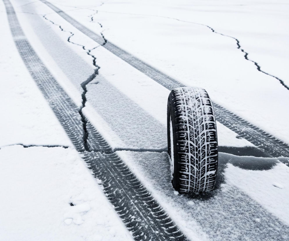 Na obrazie widoczne jest czarne opony zimowe stojące pionowo na zaśnieżonej powierzchni. Opona ma wyraźny bieżnik z lamelami pokrytymi białym śniegiem, kontrastującym z ciemną gumą. Podłoże to spękany lód lub zamarznięta ziemia, pokryta warstwą białego, świeżego śniegu, z kilkoma równoległymi śladami opon samochodowych biegnącymi wzdłuż obrazu. Pęknięcia w podłożu są nieregularne, ciemne i rozgałęziają się przez całą szerokość i długość kadru.