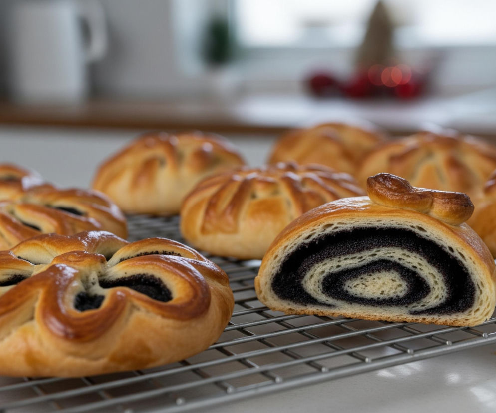 Na pierwszym planie, z prawej strony, leży przekrojona drożdżówka z masą makową, ukazująca spiralny wzór jasnego ciasta i ciemnego nadzienia. Obok niej, a także w tle, znajduje się kilka całych drożdżówek o złocisto-brązowej, lśniącej skórce, niektóre z nich mają wzory lub nacięcia na wierzchu, a inne wyeksponowane ciemne nadzienie. Wszystkie wypieki ułożone są na metalowej kratce chłodzącej, która stoi na jasnym blacie. W rozmazanym tle widoczne jest okno z białymi ramami i brązowy blat, a także czerwone, błyszczące dekoracje.