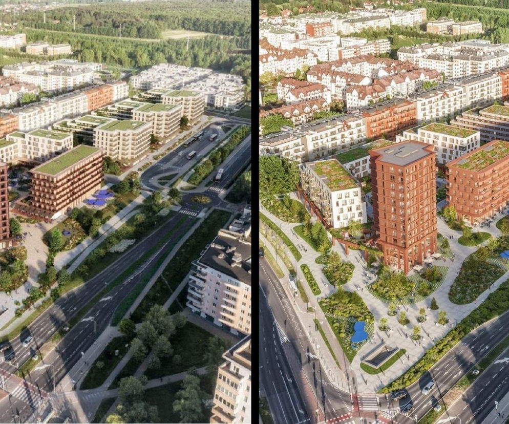 Wizualizacje lotnicze działki przy Metrze Kabaty w Warszawie ukazują dwie różne koncepcje zabudowy: pierwotną i obecną. Na Architektura Murator Plus można przeczytać o sporze dewelopera, urzędników i mieszkańców dotyczącego przyszłości tego terenu.