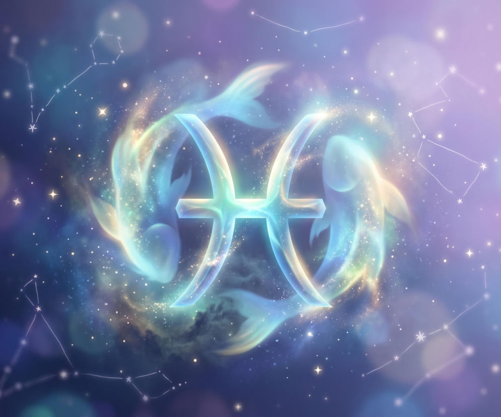 Świecący znak zodiaku Ryb na tle dwóch ryb i konstelacji gwiazd. Horoskop dzienny dla Ryb sprawdzisz na Eska.