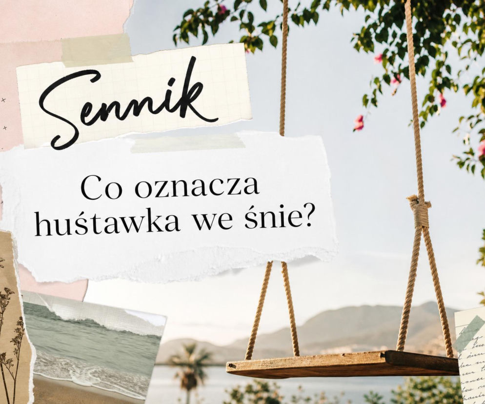 Pusta huśtawka na tle gór i morza. Obok napisy o senniku. O znaczeniu snu o huśtawce przeczytasz na SE.