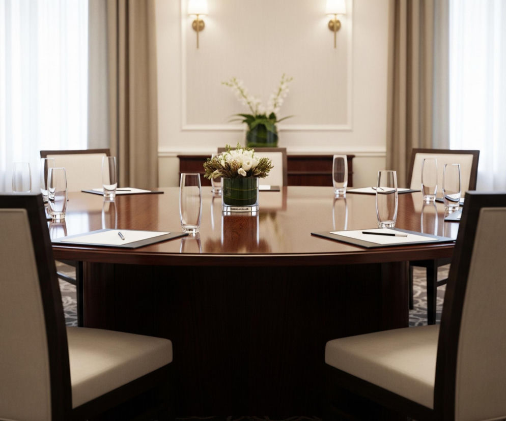 Duży, okrągły, ciemnobrązowy stół konferencyjny zajmuje centrum kadru, otoczony ośmioma krzesłami z ciemnym drewnem i jasnym beżowym obiciem. Na stole rozłożone są białe podkładki z czarnymi długopisami, obok nich stoją szklanki z wodą, a na środku widać bukiet świeżych białych kwiatów i zielonych gałązek w szklanym wazonie. Tło stanowi jasna ściana z ozdobnymi listwami i dwoma kinkietami po bokach, a także okna zasłonięte jasnymi, beżowymi zasłonami. Dywan w ciemnym odcieniu zdobią jasne, spiralne wzory.