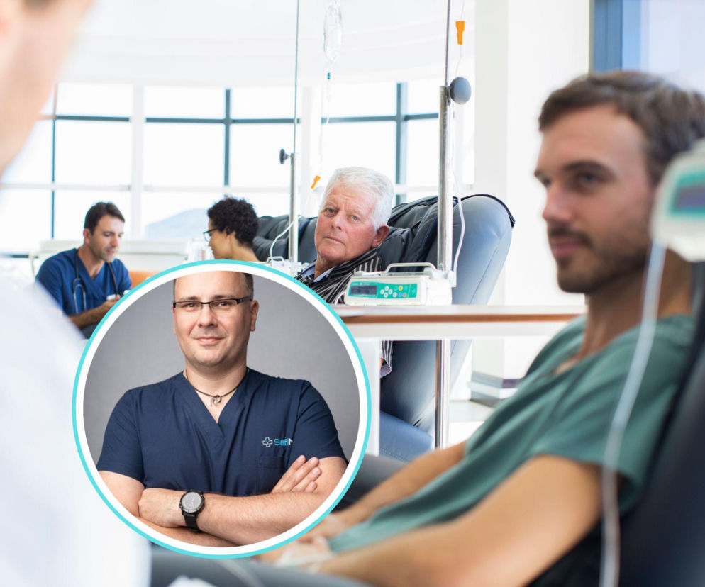 Dr n. med. Maciej Kowalewski, chirurg onkologiczny, w ujęciu okrągłego portretu, na tle pacjentów w szpitalu lub klinice, poddawanych leczeniu. Obraz symbolizuje współczesne podejście do operacji raka jelita grubego, o którym przeczytasz na Poradnik Zdrowie.