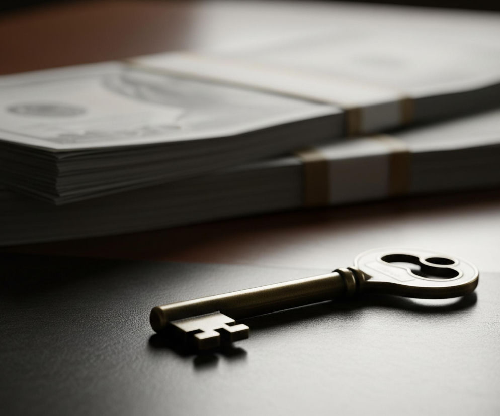 Mosiężny klucz leży na ciemnej, ziarnistej powierzchni na pierwszym planie, skierowany ku lewej stronie, z widocznym wyprofilowaniem w części nazwanej wąsem. Tło rozmywa się w nieostre pliki banknotów, ułożone w dwa równe stosy, przewiązane jasnymi opaskami. Całość oświetlona jest miękkim światłem padającym z prawej strony, tworzącym łagodne cienie i kontrast między jasno-złotym kluczem a ciemnym, teksturowanym blatem.